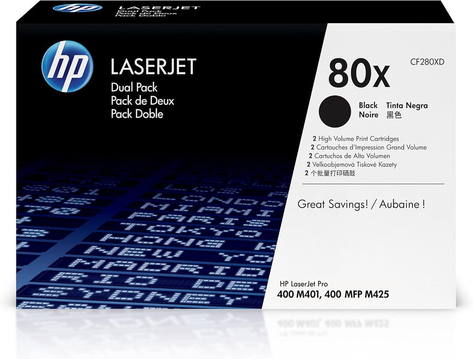 HP 80X (CF280XD) Black High Yield Original LaserJet Toner Cartridges, 2 Pack